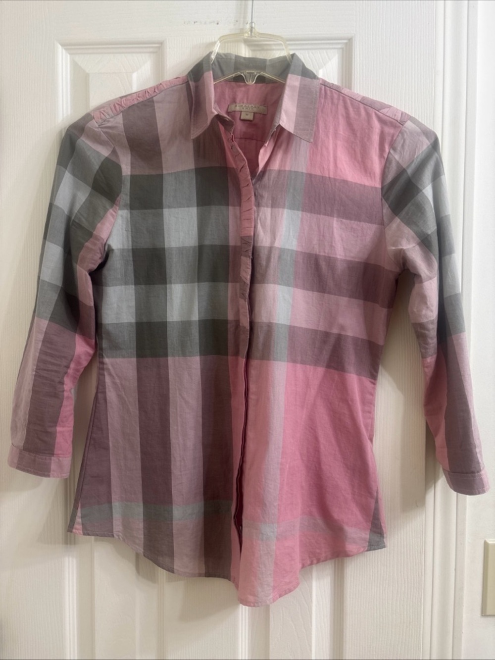 Burberry Brit Medium Shirt  Nova Check Pink Gray | 3/4 Sleeve Logo Buttons EUC